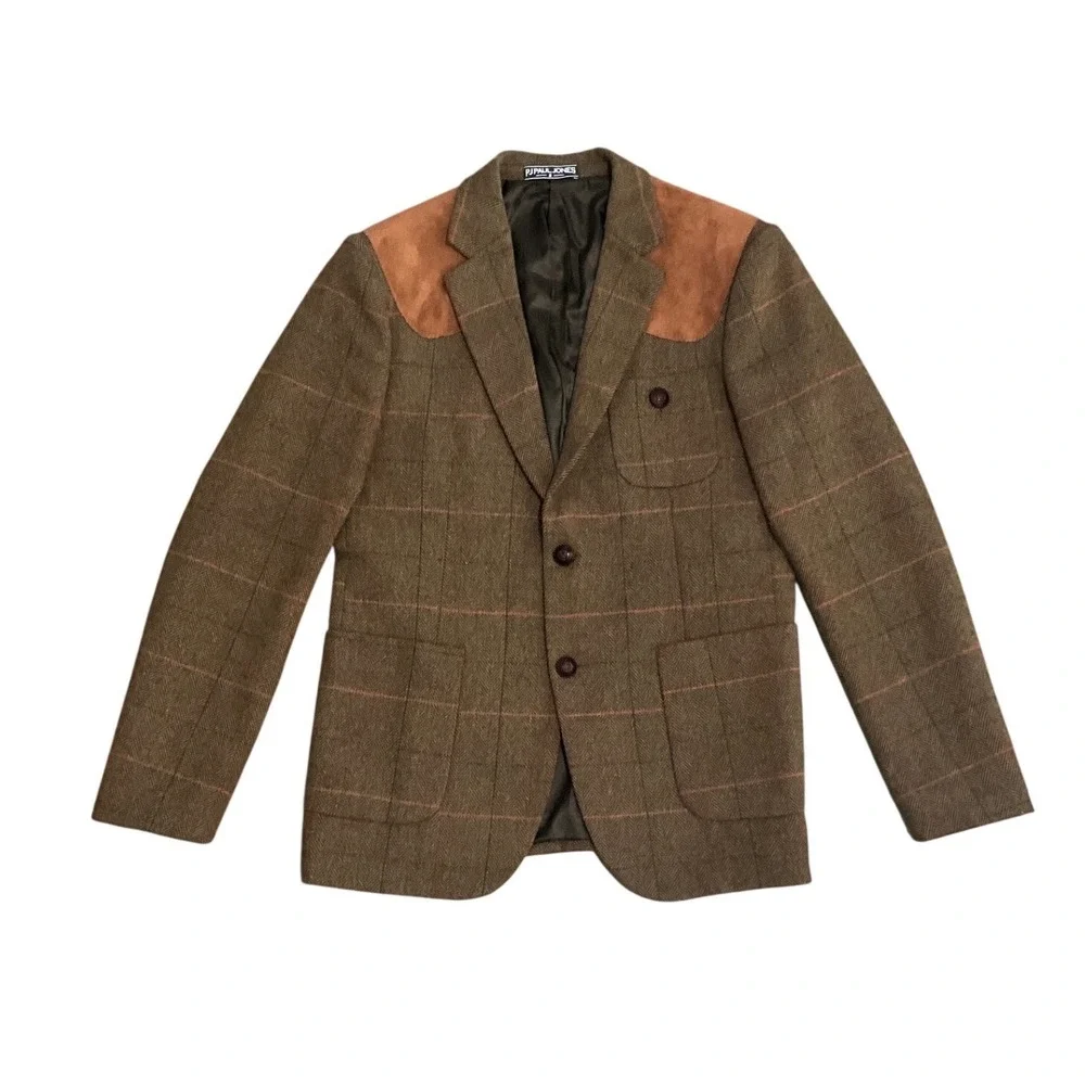 PJ Paul Jones Mens Tweed Plaid Wool Blend Blazer Elbow Patch Brown Size S Jacket